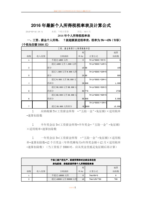 2016年最新个人所得税税率表及计算公式