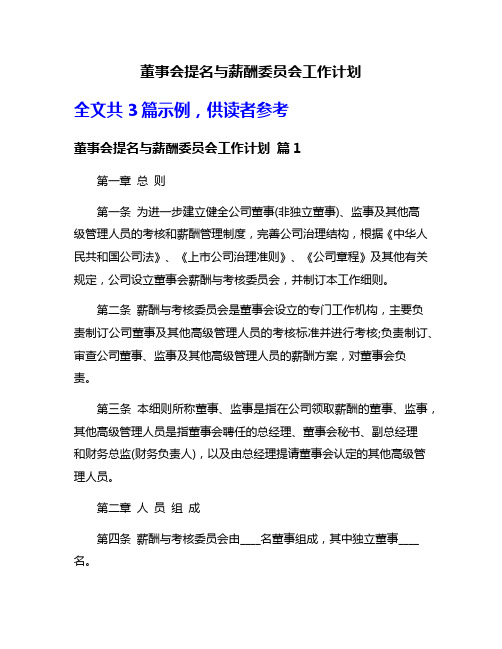 董事会提名与薪酬委员会工作计划