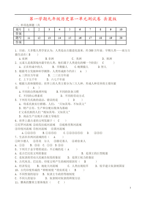 第一学期九年级历史第一单元测试卷 岳麓版