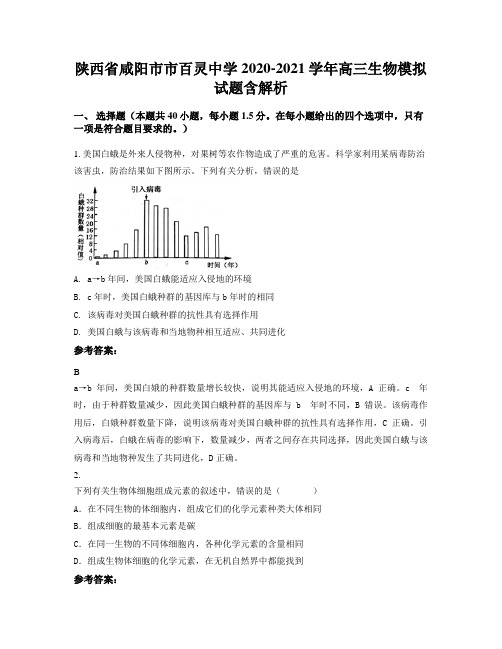 陕西省咸阳市市百灵中学2020-2021学年高三生物模拟试题含解析