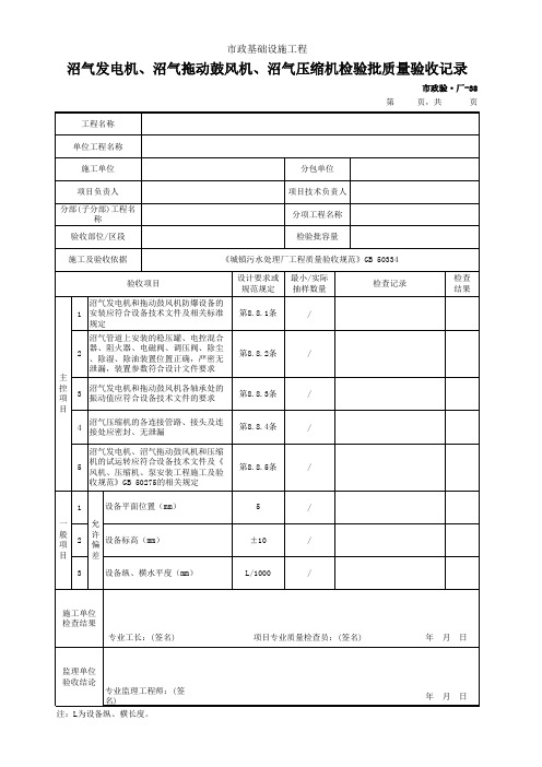 市政验·厂-38 沼气发电机、沼气拖动鼓风机、沼气压缩机检验批质量验收记录