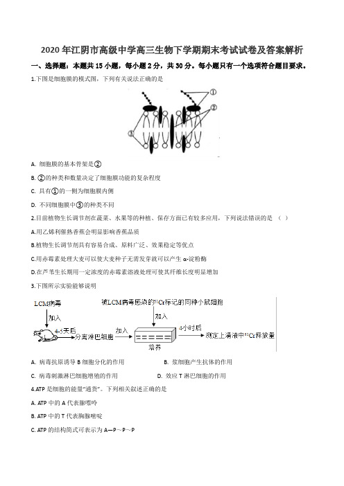 2020年江阴市高级中学高三生物下学期期末考试试卷及答案解析