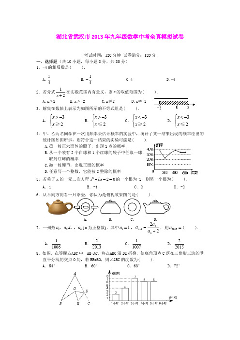 湖北省武汉市2013年九年级数学中考全真模拟试卷