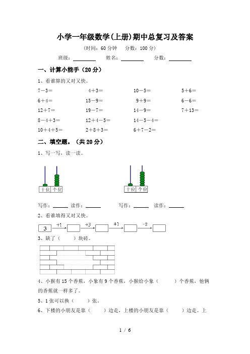 小学一年级数学(上册)期中总复习及答案