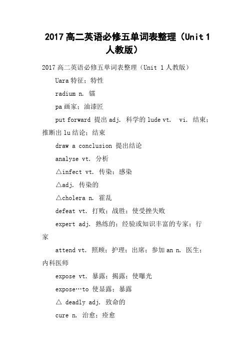 2017高二英语必修五单词表整理Unit 1人教版