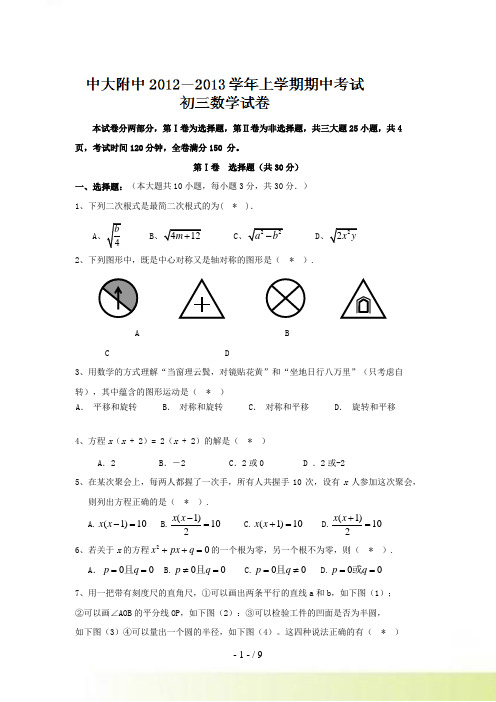 广东省中大附中九年级上学期期中考试数学试题