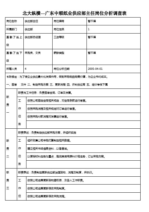 北大纵横—广东中顺纸业供应部主任岗位分析调查表