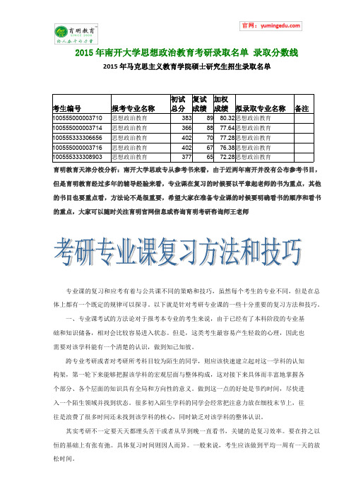 2015年南开大学思想政治教育考研录取名单 录取分数线