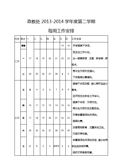 政教处2013-2014学年度第二学期每周工作安排