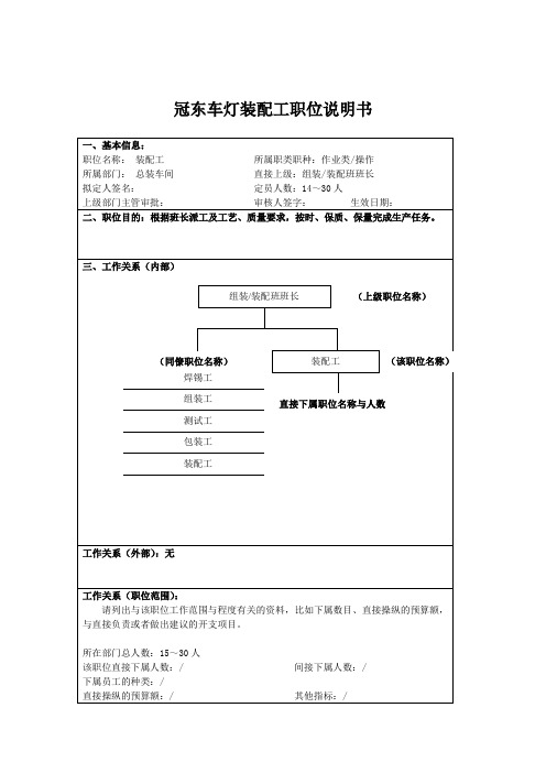 冠东车灯装配工职位说明书