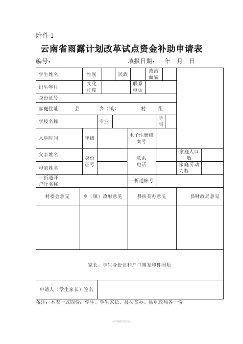 云南省雨露计划改革试点资金补助申请表