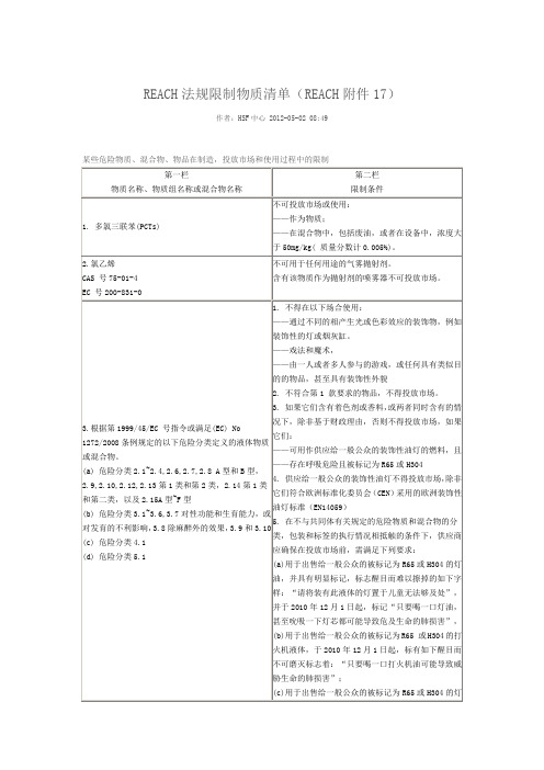 REACH法规限制物质清单(REACH附件17)