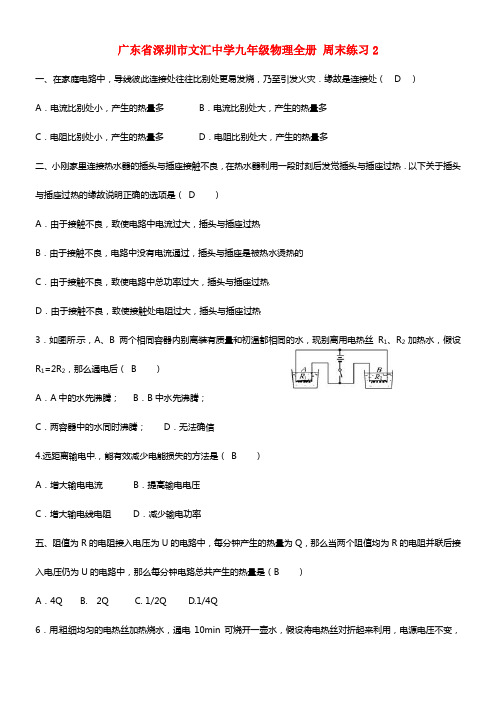 广东省深圳市文汇中学九年级物理全册 周末练习2（答案不全） 