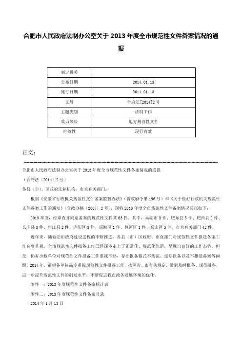 合肥市人民政府法制办公室关于2013年度全市规范性文件备案情况的通报-合府法[2014]2号