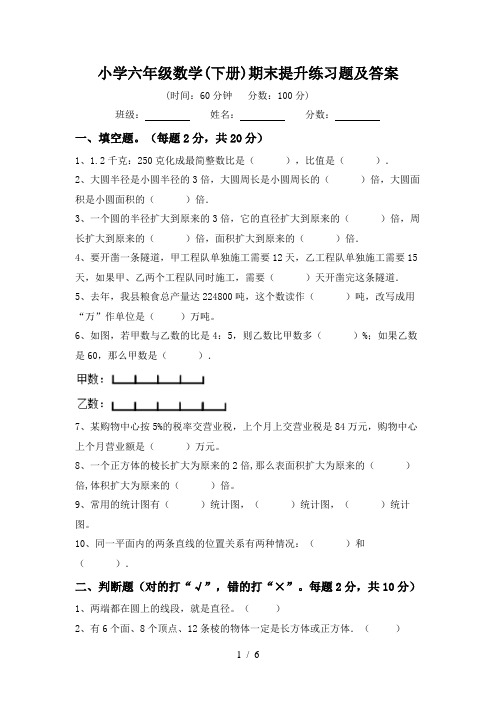 小学六年级数学(下册)期末提升练习题及答案