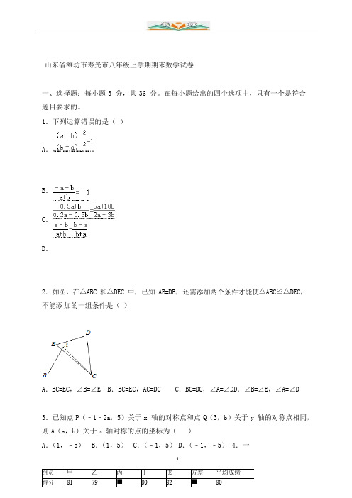 潍坊市寿光市八年级上期末数学试卷含答案解析.docx