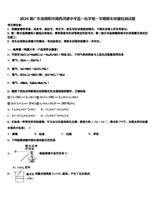 2024届广东省揭阳市揭西河婆中学高一化学第一学期期末质量检测试题含解析