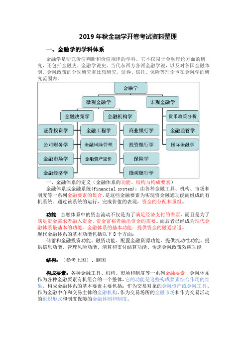 2019年秋金融学开卷考试资料整理