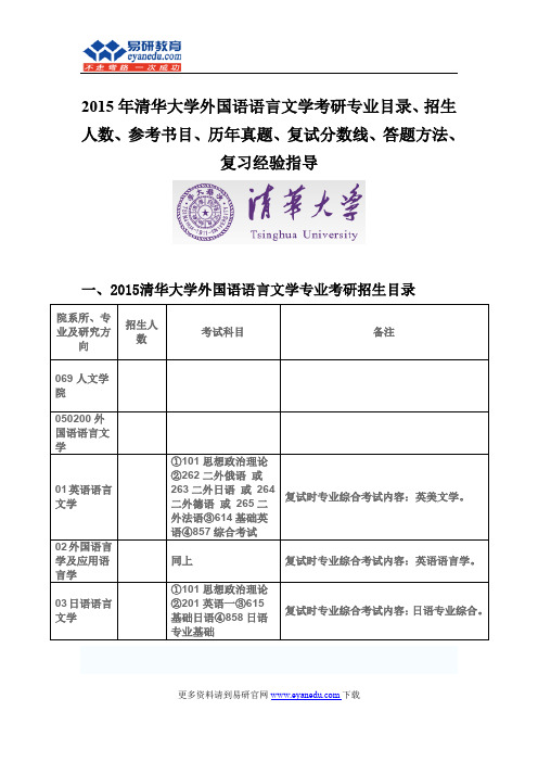 2015清华大学外国语语言文学考研专业目录招生人数参考书目历年真题复试分数线答题方法