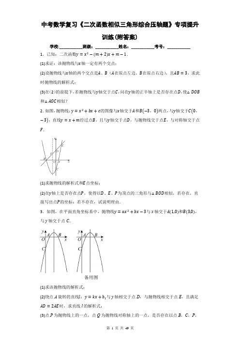 中考数学复习《二次函数相似三角形综合压轴题》专项提升训练(附答案)