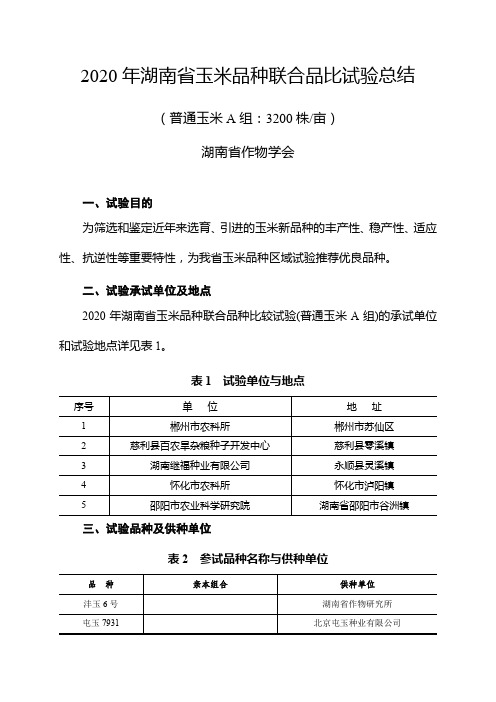 2020年湖南省玉米品种联合品比试验总结【模板】