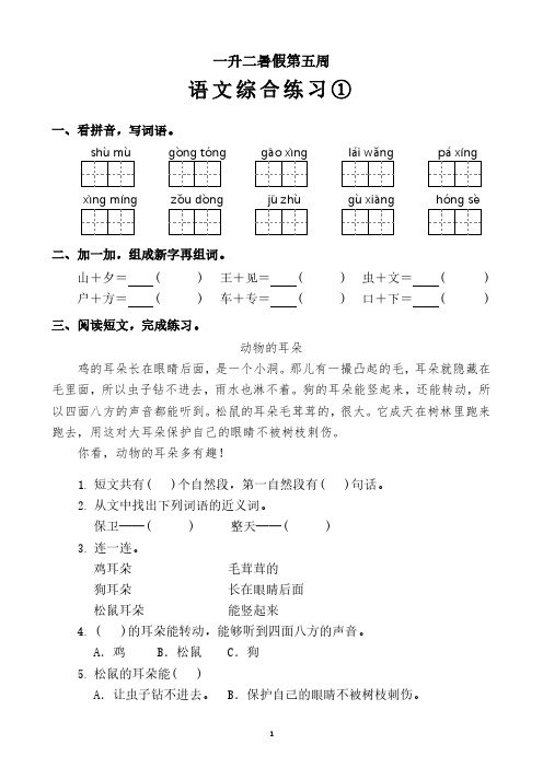 一年暑假语文《综合练习第五周》