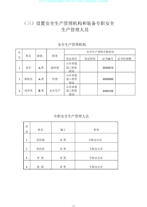 安全生产管理机构设置及专职安全生产管理人员配备情况企业套用版