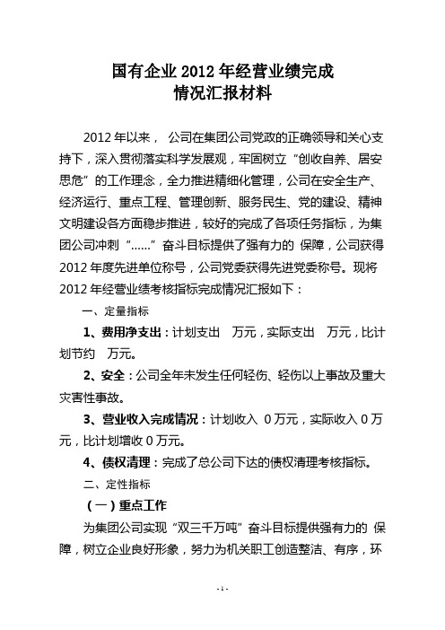 国有企业2012年经营业绩汇报材料