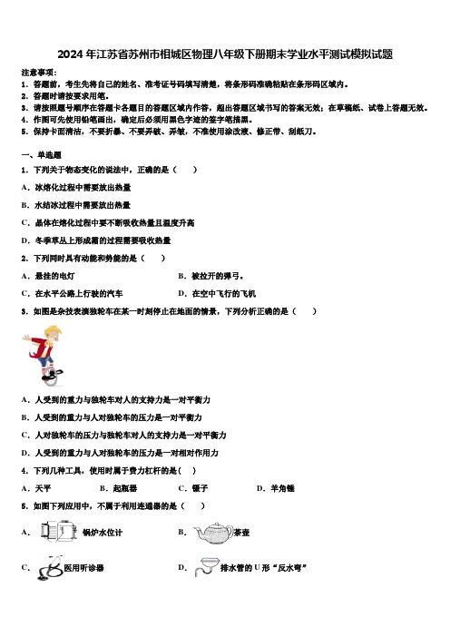 2024年江苏省苏州市相城区物理八年级下册期末学业水平测试模拟试题含解析