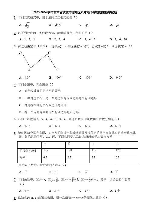 2023-2024学年甘肃省武威市凉州区八年级下学期期末数学试题