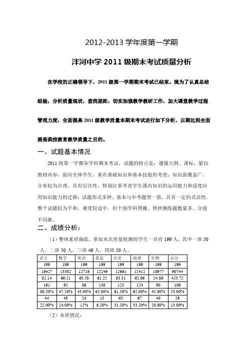 2011级2012--2013第一学期期末考试质量分析