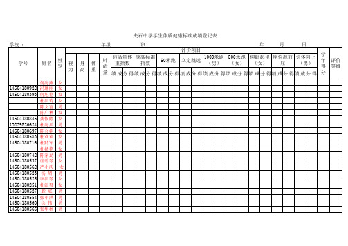 夹石中学2013年中学生体质健康标准测试成绩登记表