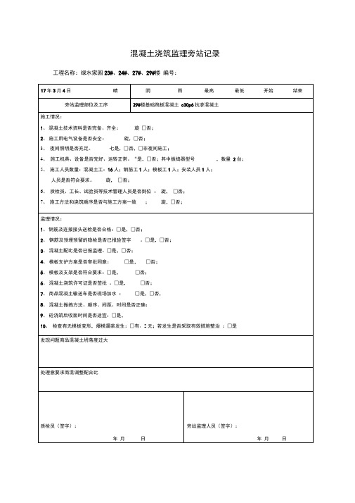 混凝土浇筑监理旁站记录(完整)