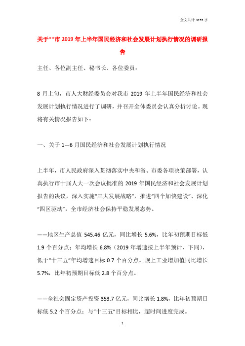 关于--市2019年上半年国民经济和社会发展计划执行情况的调研报告