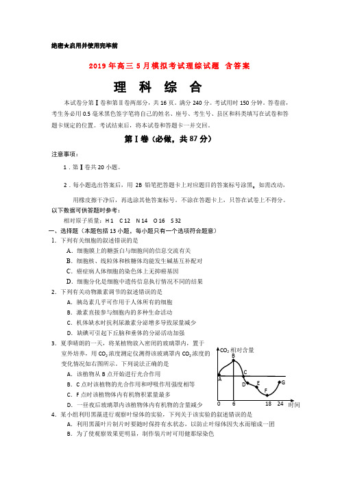 2019年高三5月模拟考试理综试题 含答案