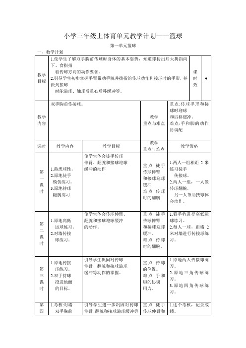 小学三年级上体育单元教学计划——篮球