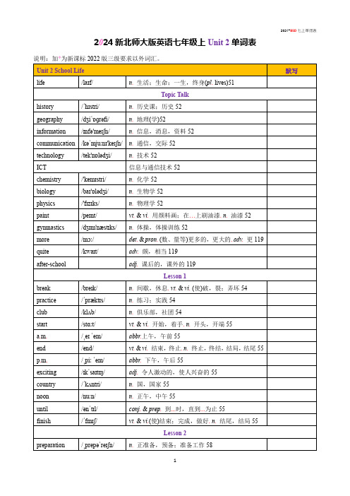 2024新北师大版英语七年级上Unit 2 School Life单词表