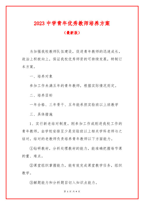 中学青年优秀教师培养方案