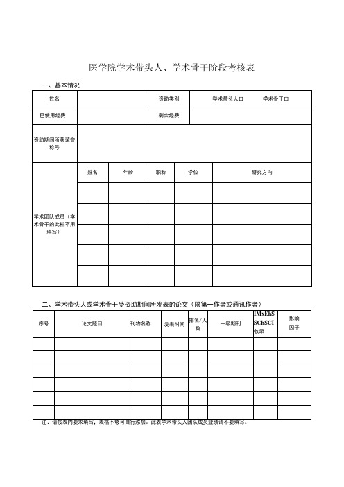 医学院学术带头人学术骨干阶段考核表