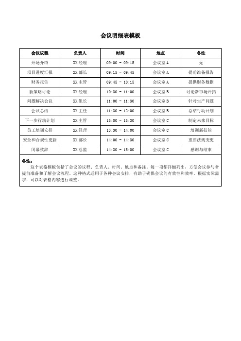 会议明细表模板