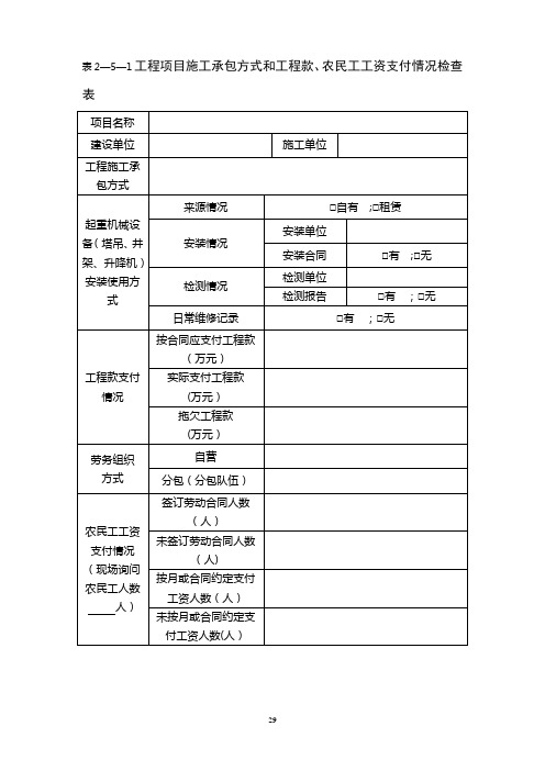 表2-5-1工程项目施工承包方式和工程款、农民工工资支付情况检查表