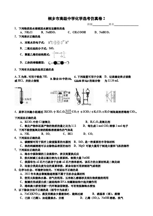 桐乡高级中学高三化学仿真卷二