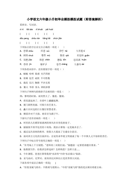 小学语文六年级小升初毕业模拟模拟试题(附答案解析)