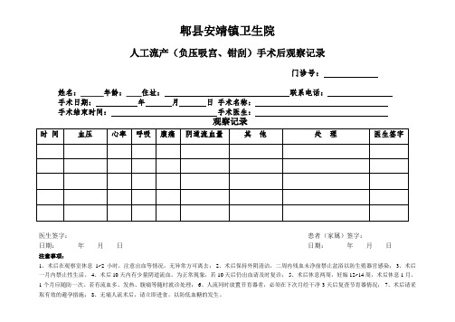 人工流产(负压吸宫、钳刮)手术后观察记录表