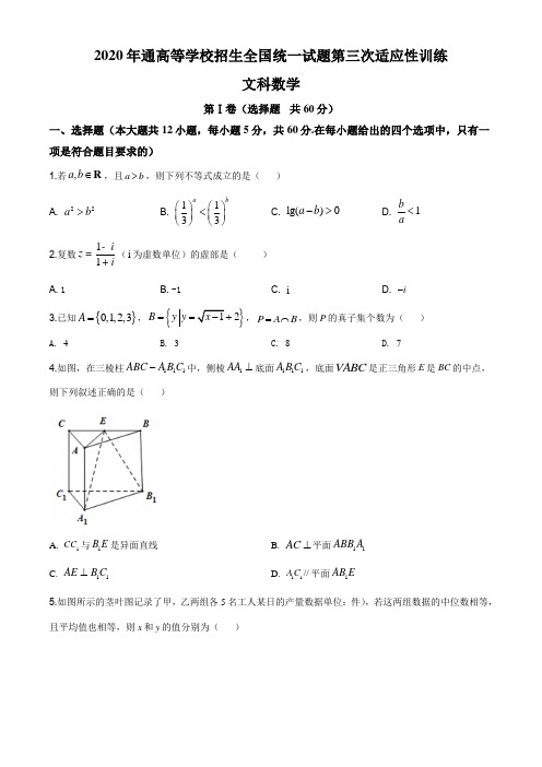 2020届陕西省西安市西北工业大学附中高三第三次高考适应性考试数学(文)试题及答案