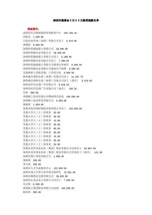 深圳市慈善会5月23日接受捐款名单