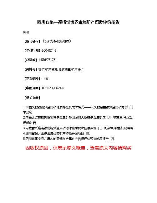 四川石渠—德格银锡多金属矿产资源评价报告