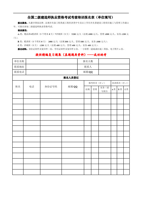 全国二级建造师执业资格考试考前培训报名表(单位填写)