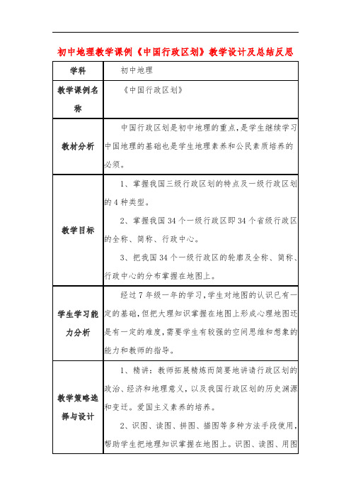 初中地理教学课例《中国行政区划》课程思政核心素养教学设计及总结反思