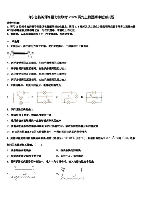 山东省临沂河东区七校联考2024届九上物理期中检测试题含解析